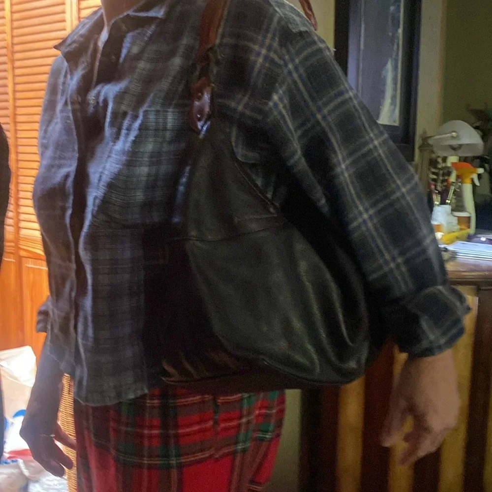 Black Leather Hobo Bag with Tan Shoulder Strap
